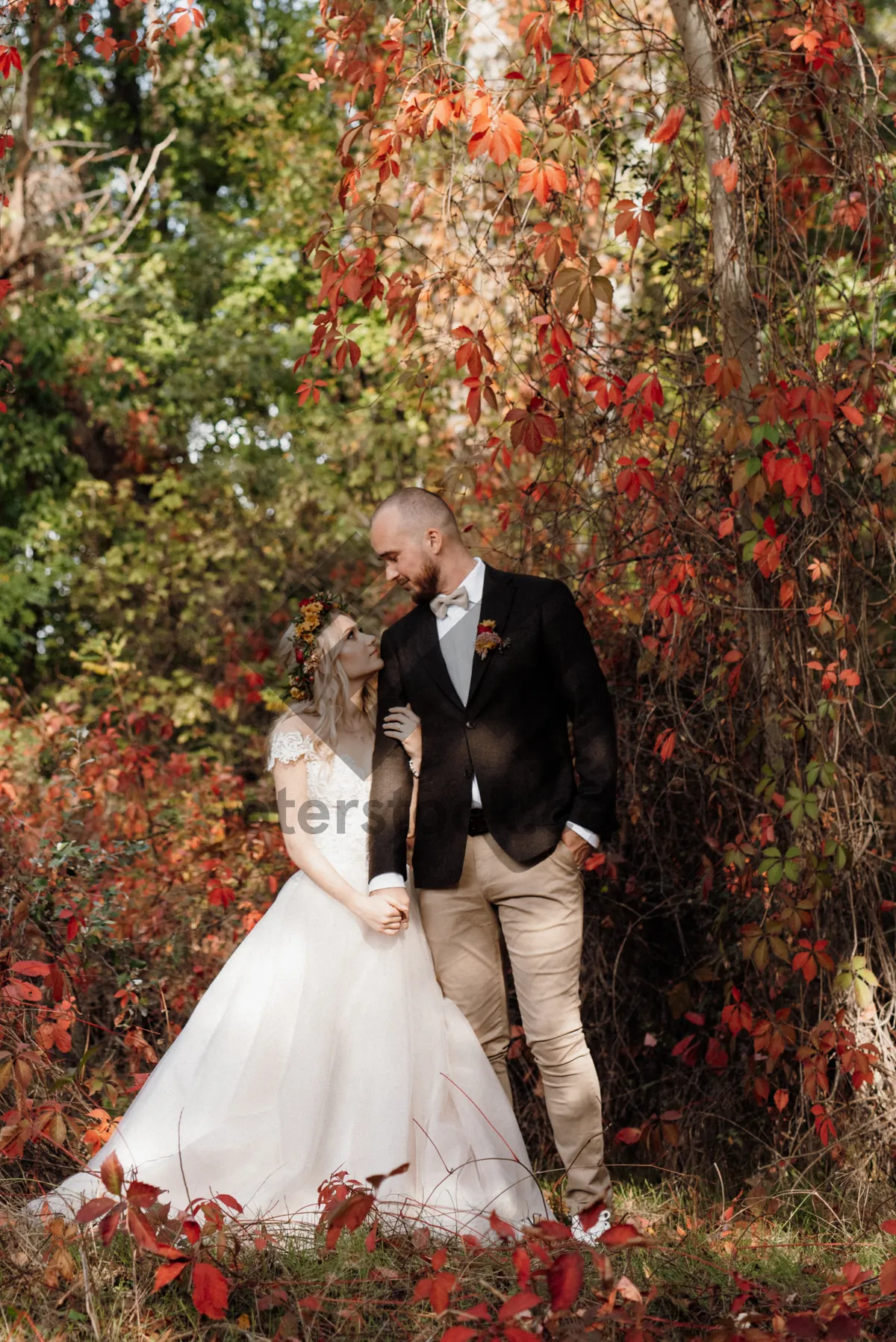 Picture of Happy Wedding Couple in Park Embracing Outdoors