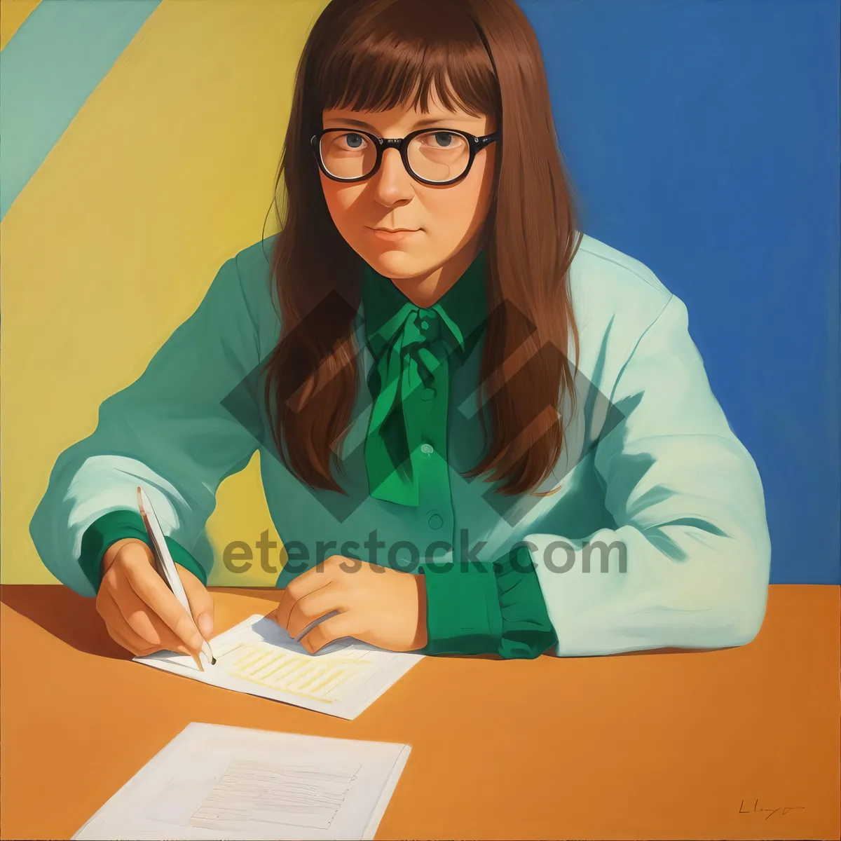 Picture of Happy businesswoman working on laptop in office.