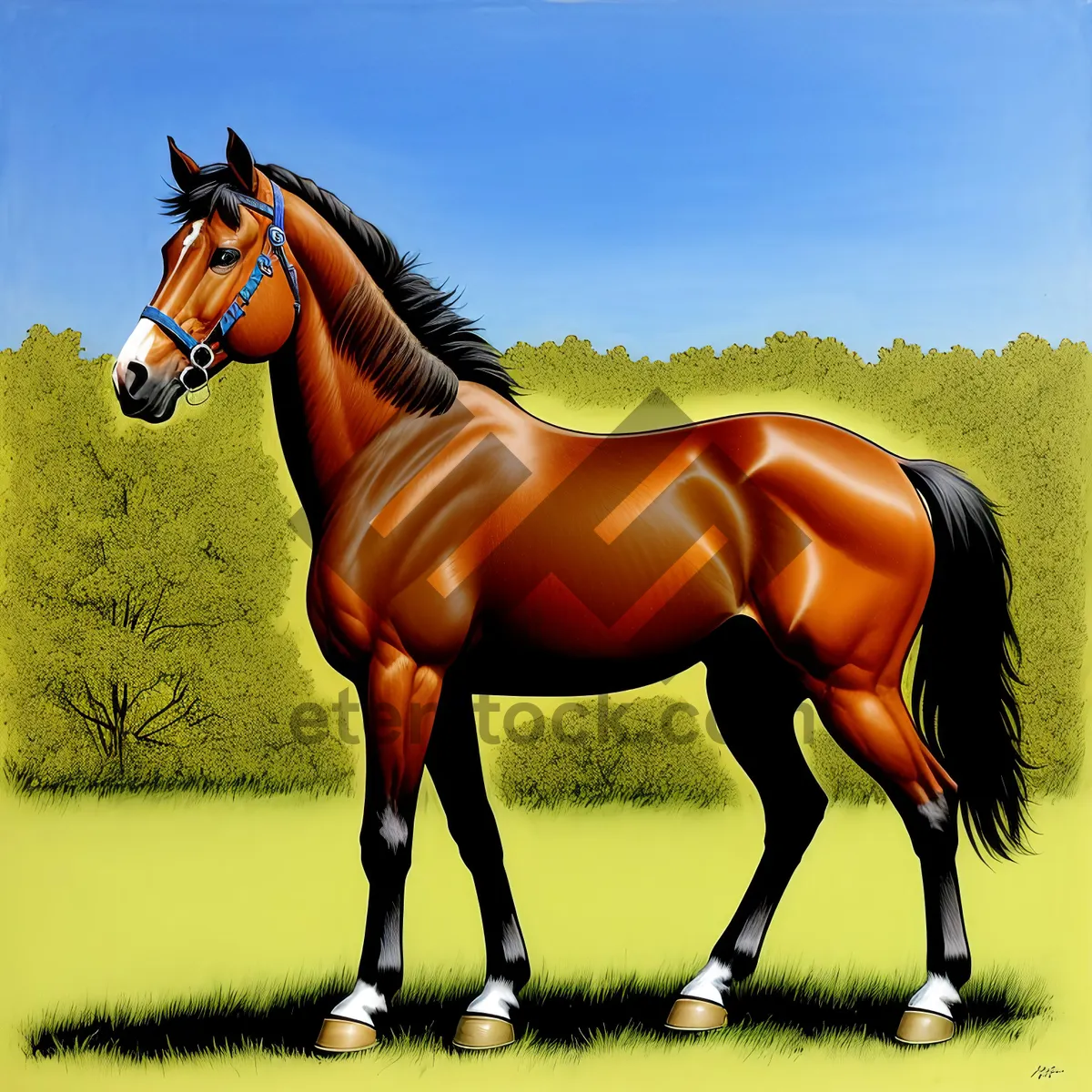 Picture of Thoroughbred Stallion Grazing in Rural Meadow