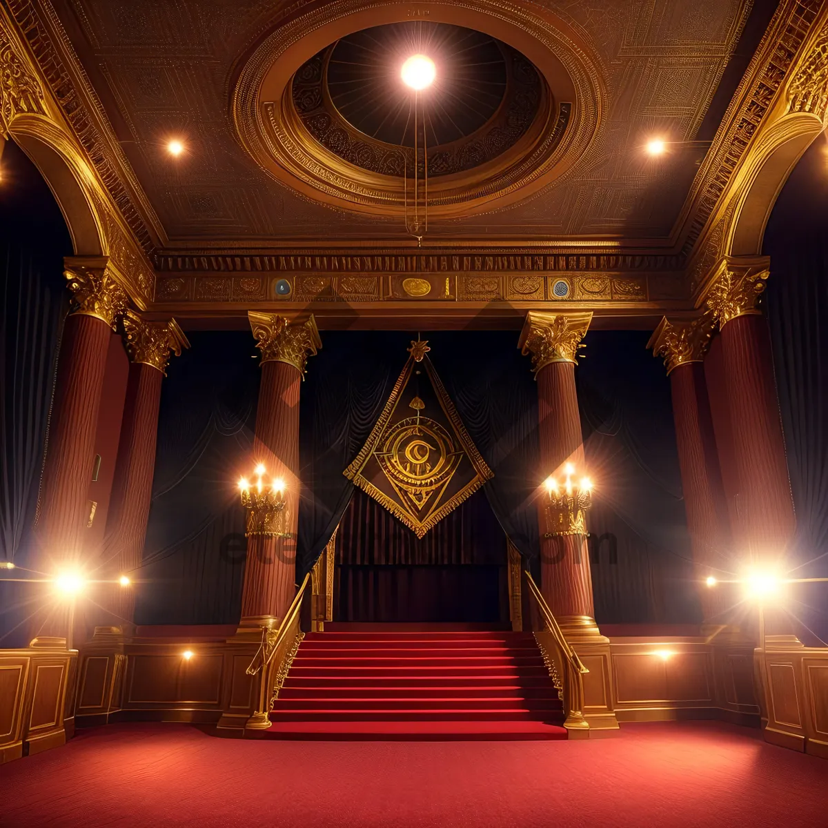 Picture of Ancient Cathedral Hall with Ornate Throne and Dramatic Theatre Curtains.