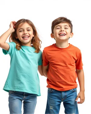 Happy family posing together in studio portrait.