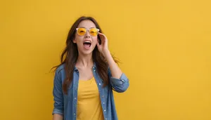 Happy brunette model in sunglasses smiling in studio portrait.