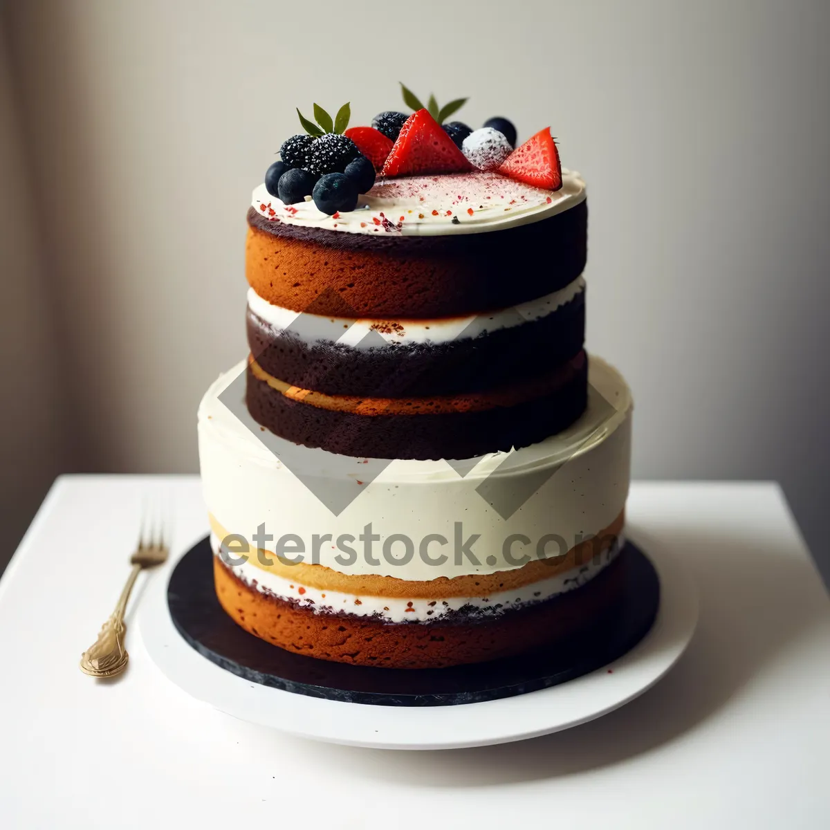 Picture of Delicious Breakfast Plate with Fruit and Chocolate Cake