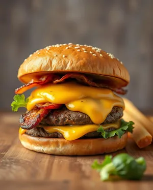 Fresh Grilled Cheeseburger with Salad and Fries