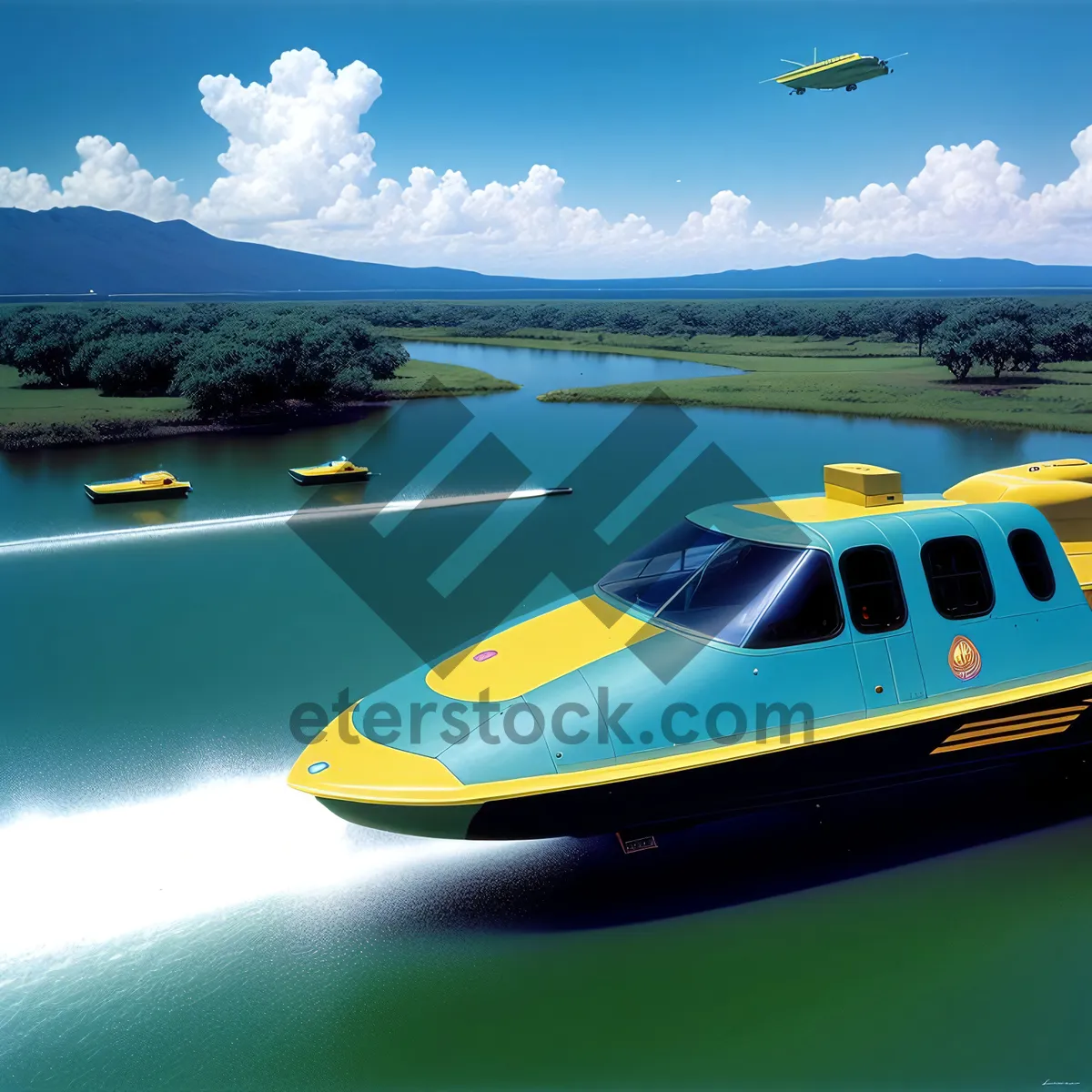 Picture of Speedboat zooming across ocean under vibrant sky