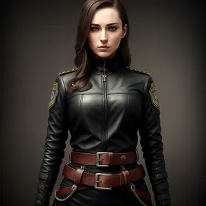 Elegant brunette woman posing stylishly in black leather jacket