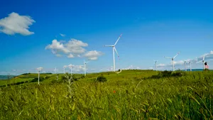 Renewable Energy Windmill in Rural Landscape Under Cloudy Sky.