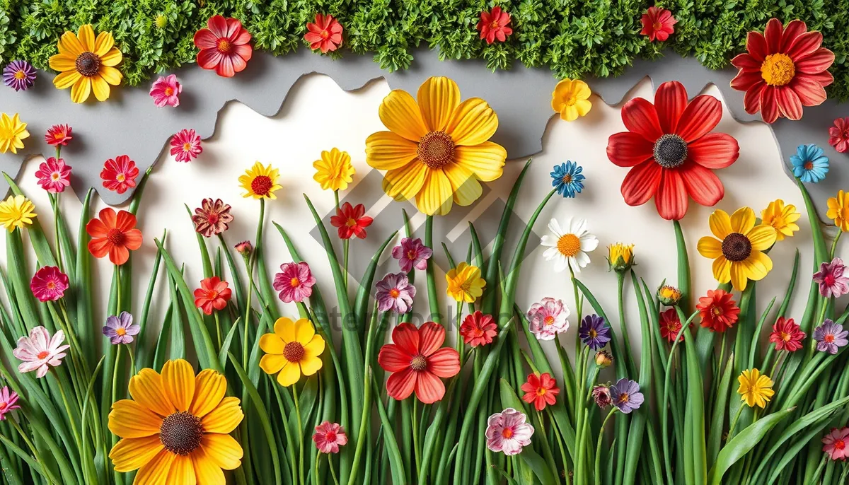 Picture of Colorful summer bouquet with pink sunflowers and tulips