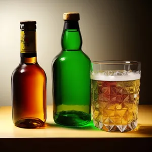 Closeup of a Golden Beer Bottle on Table.