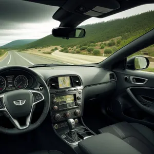 Modern Car Interior with Steering Wheel and Dashboard Controls