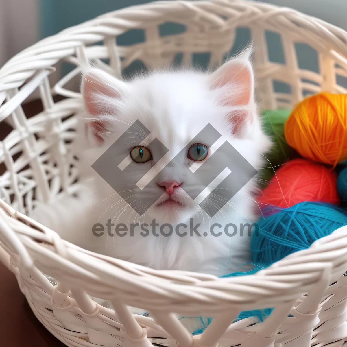 Picture of Adorable kitty with curious expression sitting on baby bed