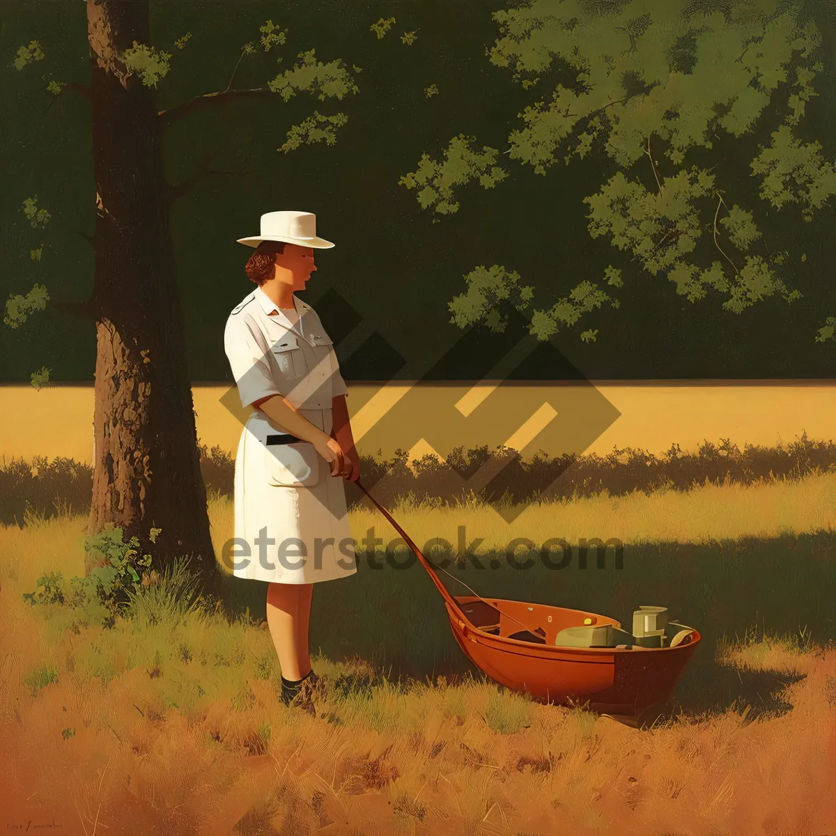 Picture of Active Man Mowing Lawn with Paddle-Like Lawn Mower