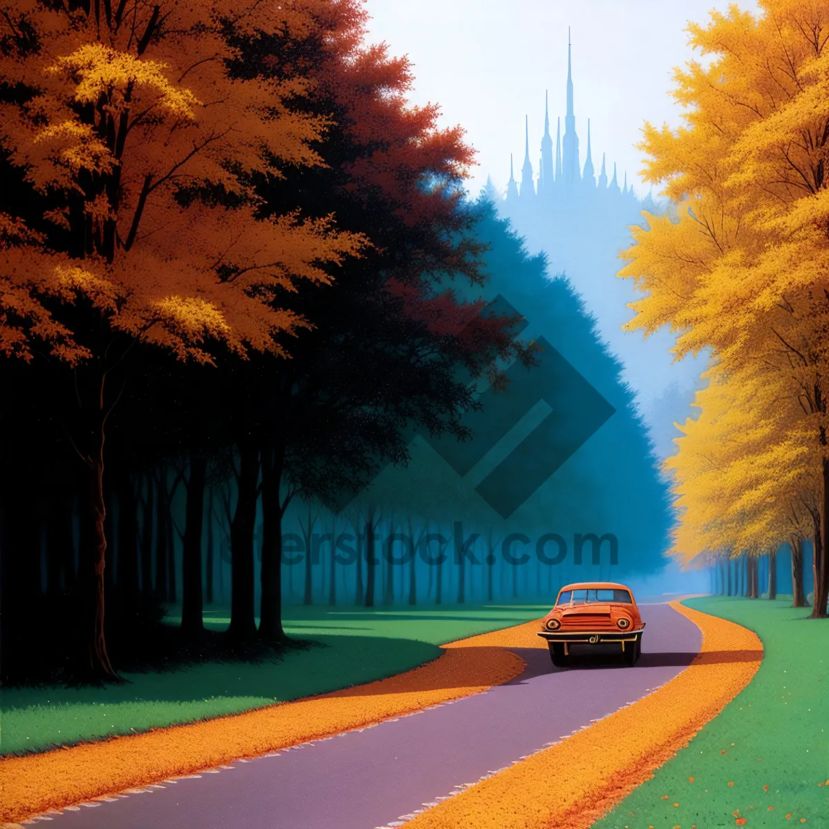 Picture of Vibrant Sunset Over Rural Meadow and Tree-lined Road