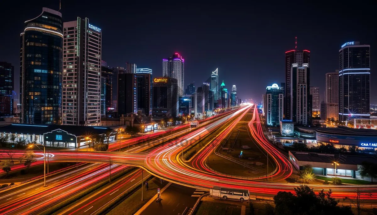 Picture of Modern city skyline at night with illuminated buildings.