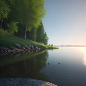 Tranquil sunset reflection on serene lake