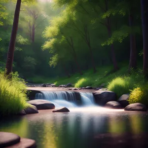 Serene Waterfall in Lush Forest Surroundings