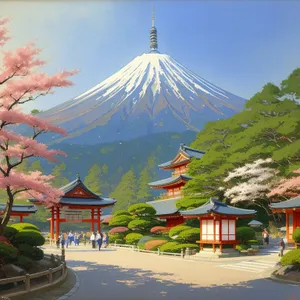 Serene Mountain Temple with Volcanic Landscape