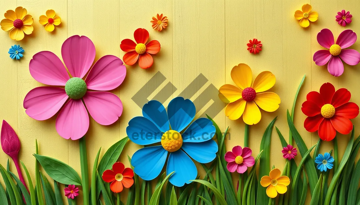 Picture of Colorful floral design with pink tulip blossoms and yellow leaves.