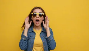 Smiling fashion model in sunglasses poses in studio