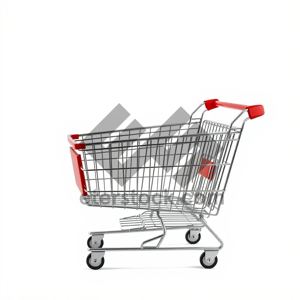 Picture of 3D shopping cart with metal wheels in empty store.