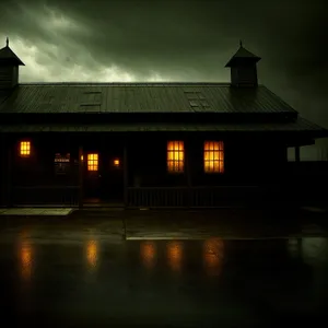 Nighttime cityscape with a riverside boathouse.