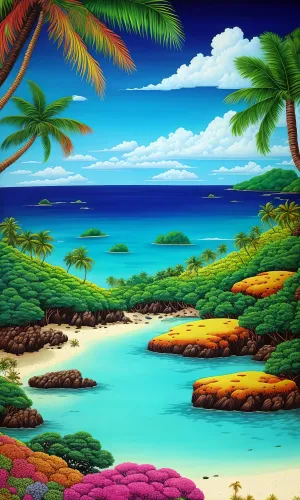 Sunset paradise beach vacation landscape with palm trees.