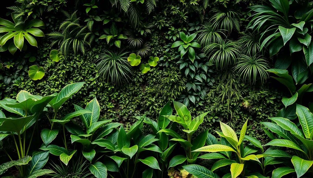 Picture of Tropical forest with lush foliage and umbrella tree.