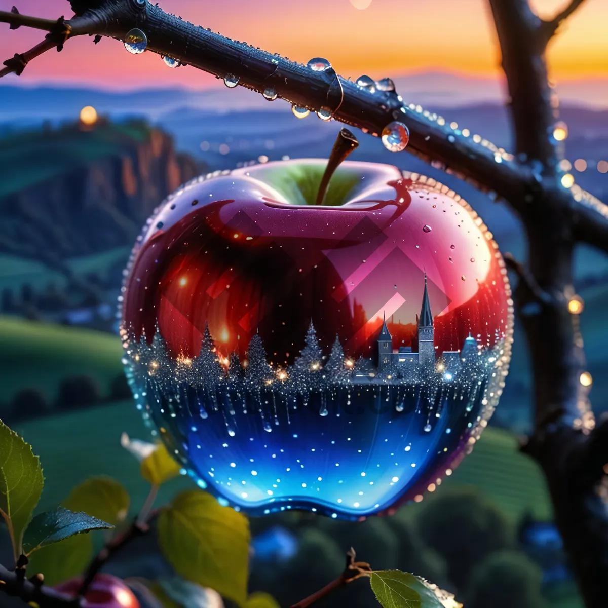 Picture of Fresh Cherry and Apple Fruits on Tree Branch