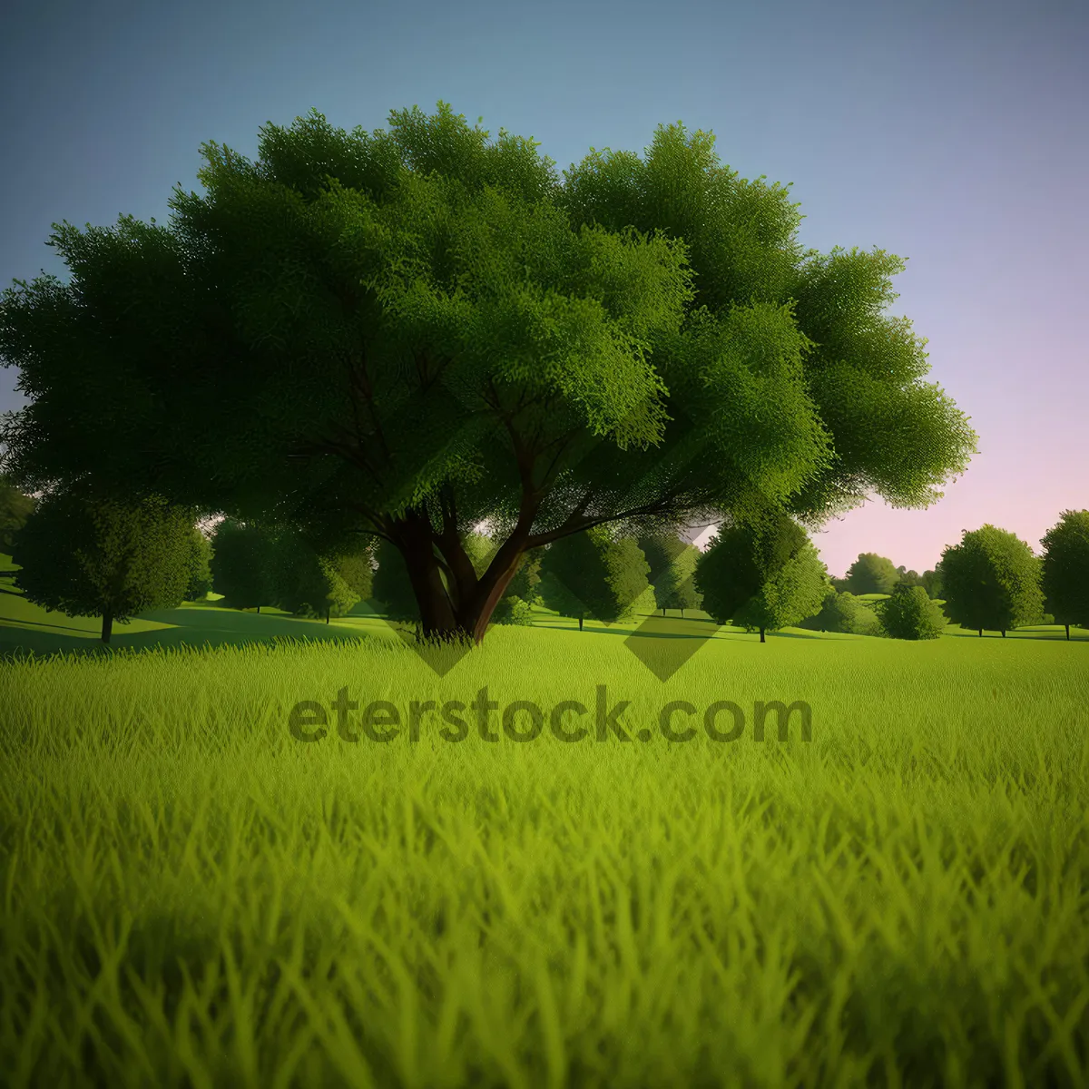 Picture of Idyllic Countryside Landscape with Green Trees and Clear Sky
