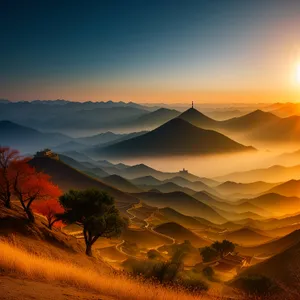 Golden Horizon: Majestic Sunset over Desert Mountains