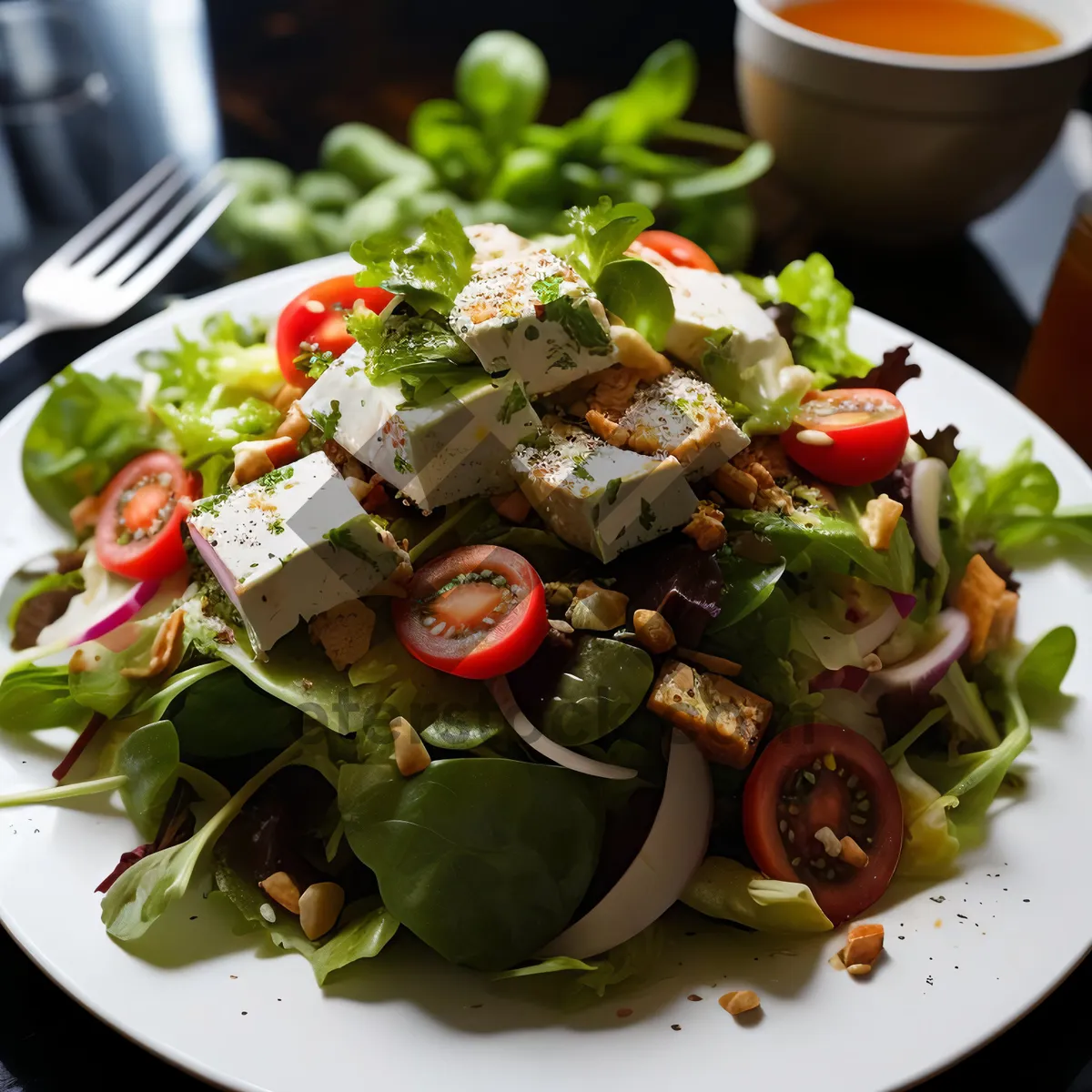 Picture of Gourmet vegetable salad with cheese and dressing.