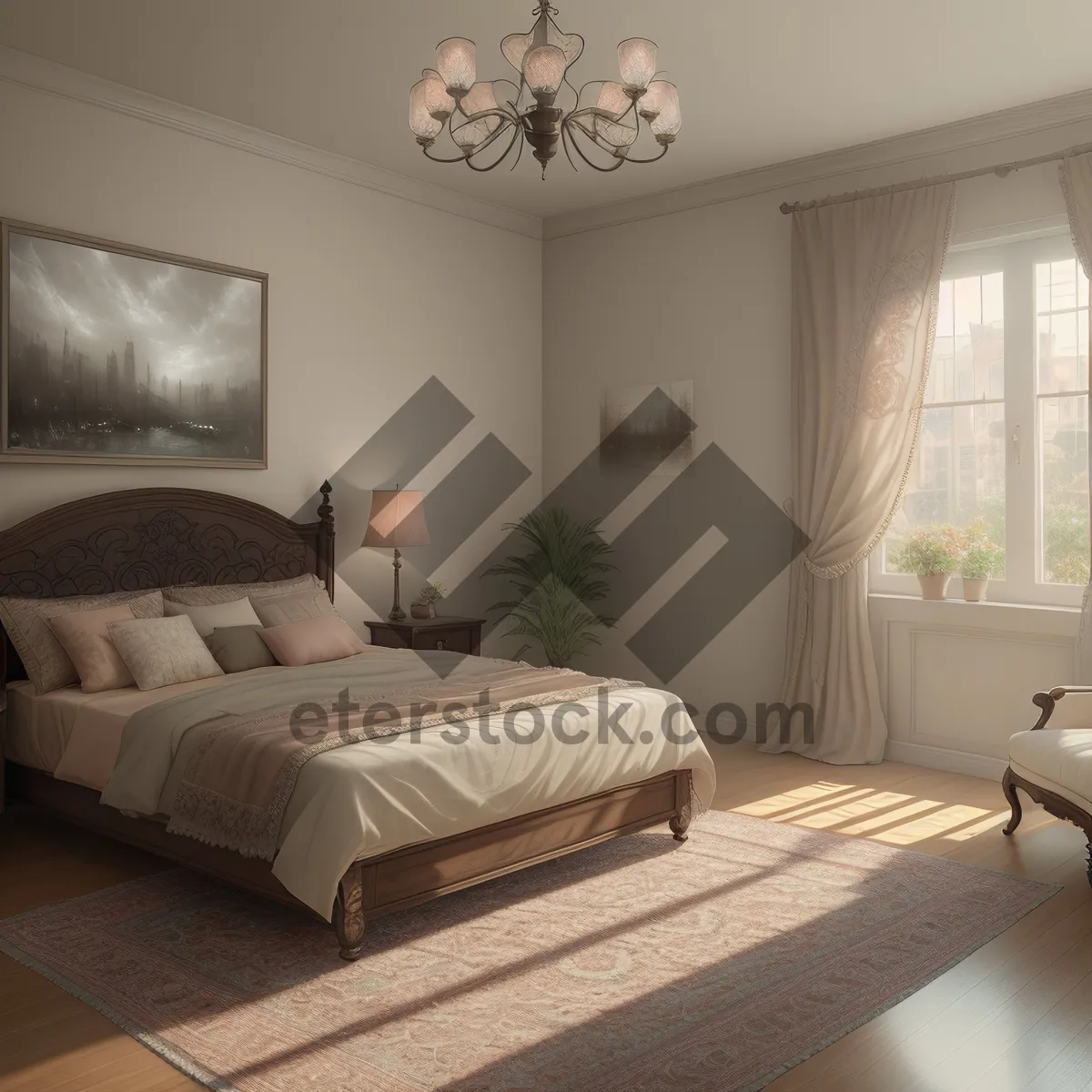 Picture of Modern Bedroom Interior with Comfortable Sofa and Stylish Lamp