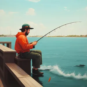 Man fishing with boat in ocean