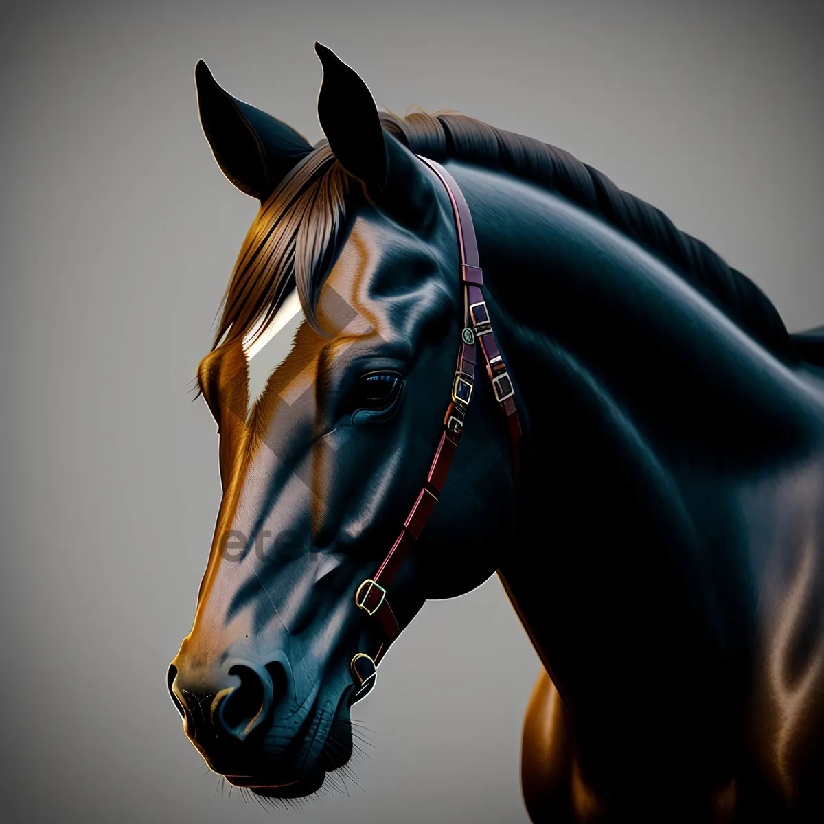 Picture of Brown Thoroughbred Stallion Grazing in Meadow