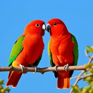 Colorful Macaw perched on branch, showcasing vibrant feathers and piercing eyes.