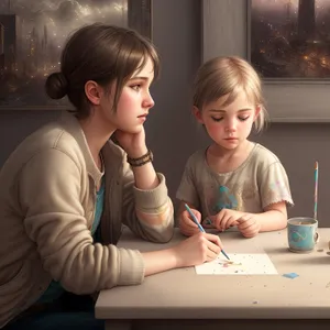 Smiling mother and child studying at laptop.