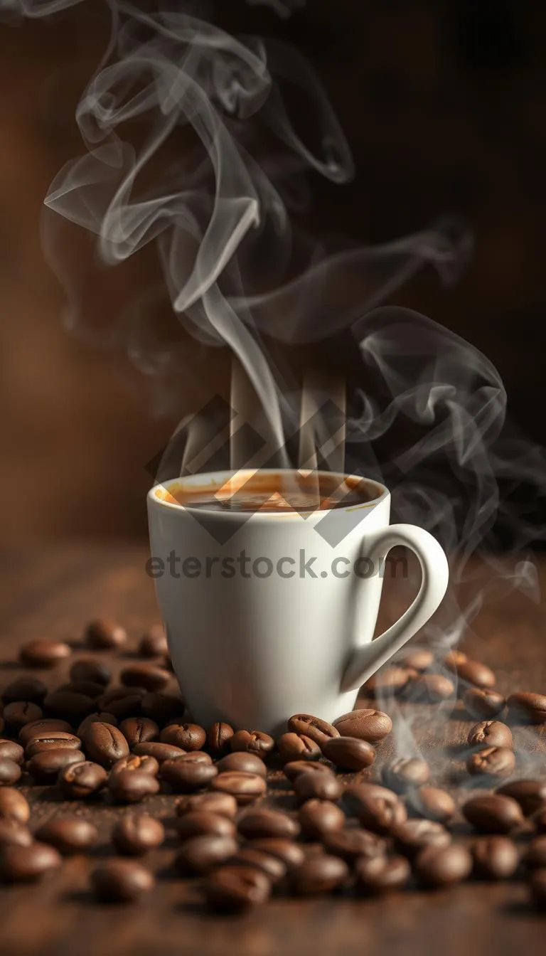 Picture of Fresh brewed morning cup of coffee in dark ambiance.