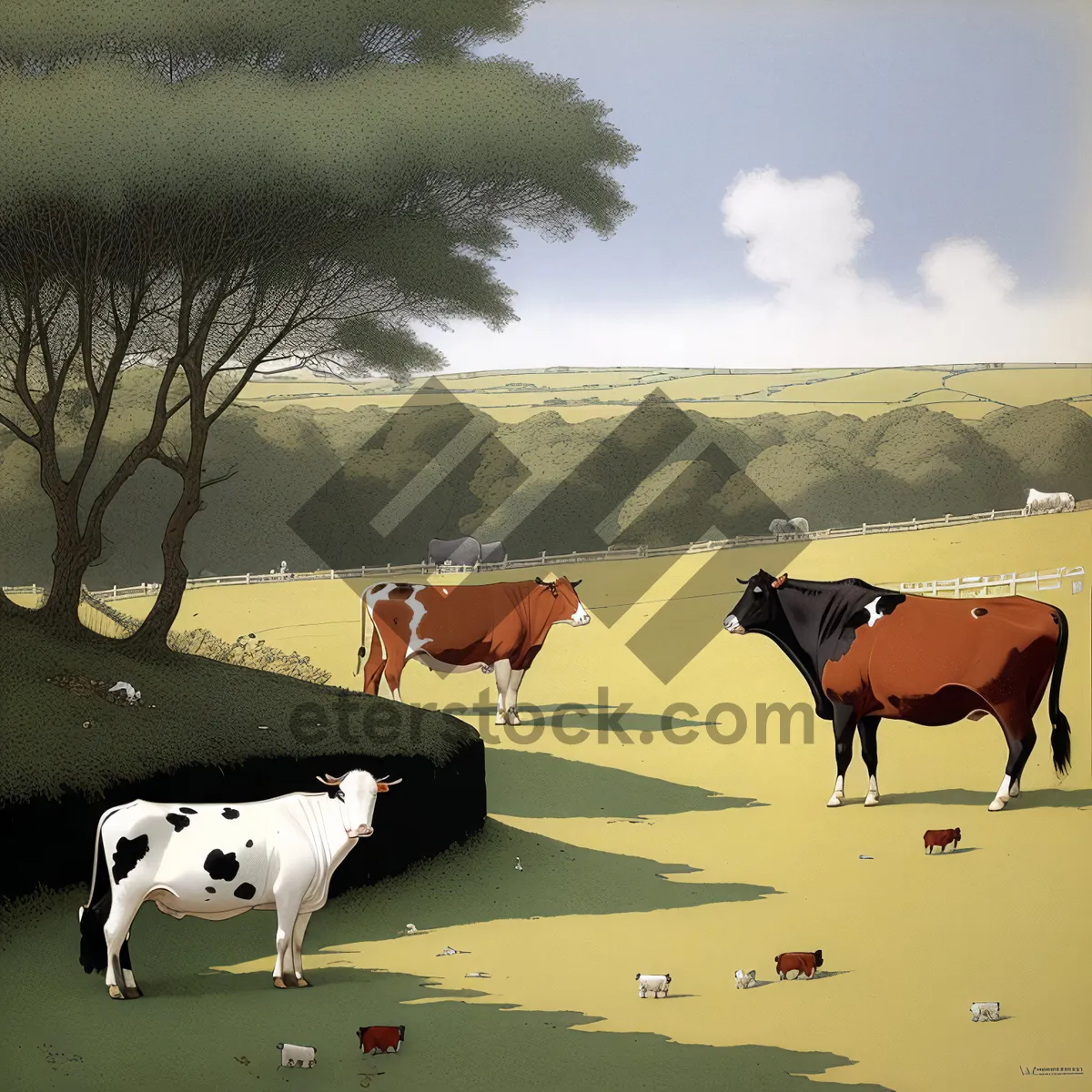 Picture of Rural Summer Landscape with Grazing Cows and Horses