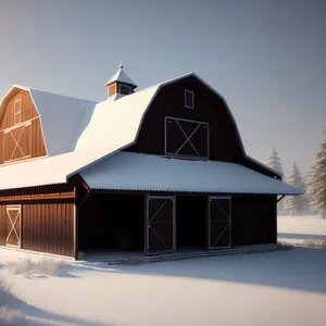 Winter Farmhouse nestled beneath snowy skies