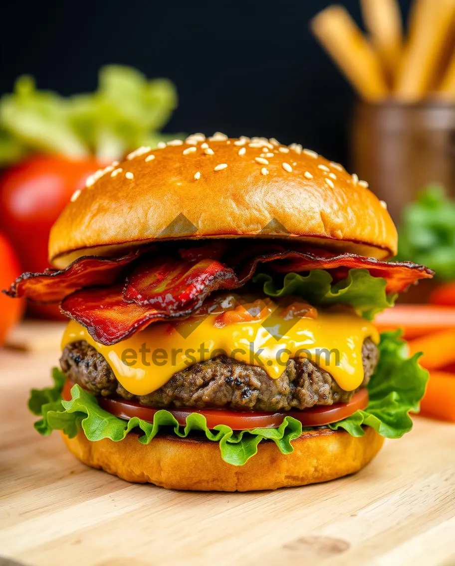 Picture of Gourmet Cheeseburger with Fresh Vegetables and Grilled Bun