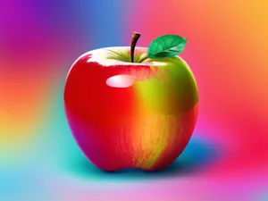 Fresh organic apple with dew drops on leaf.