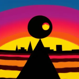 Silhouette Sunset Skyline Artwork with Moon and Sun