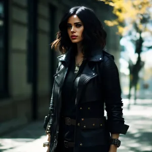 Smiling Brunette Fashion Model in Leather Coat