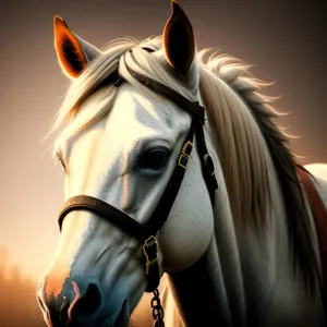 Thoroughbred Stallion with Bridle and Mane in Equestrian Portrait