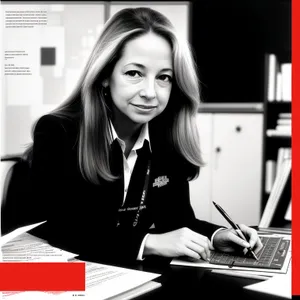 Smiling businesswoman at office desk with laptop