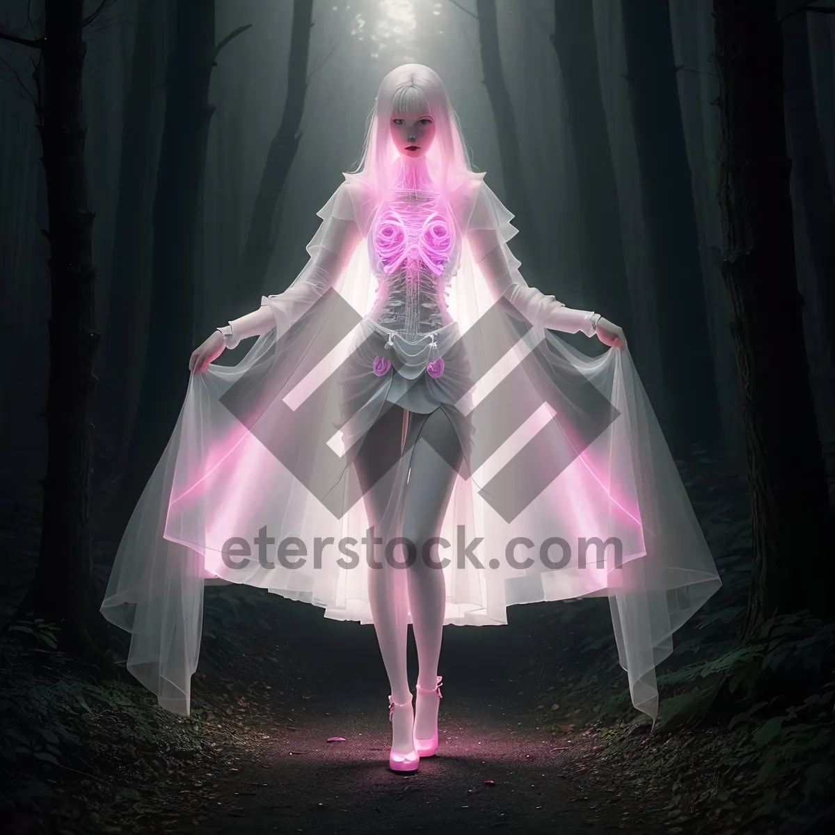 Picture of Happy bride wearing white cloak and veil