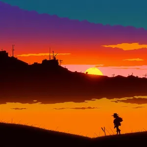 Sunset silhouette over mountain horizon.