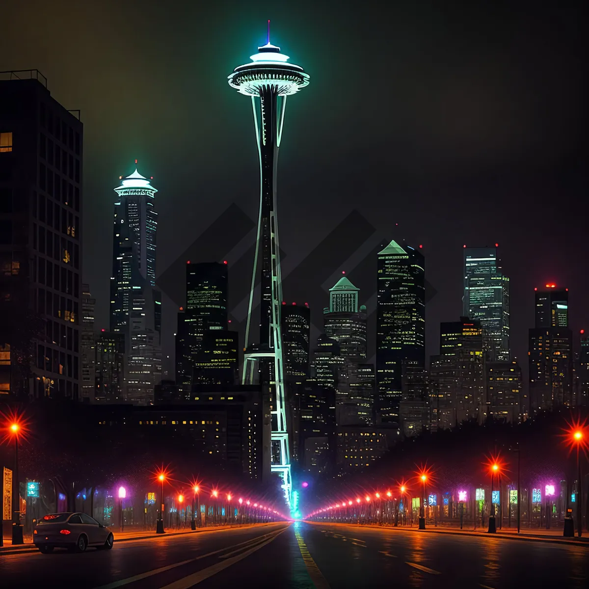 Picture of Nighttime cityscape with illuminated skyscrapers and a river