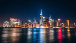 Modern skyline with glowing office towers at dusk