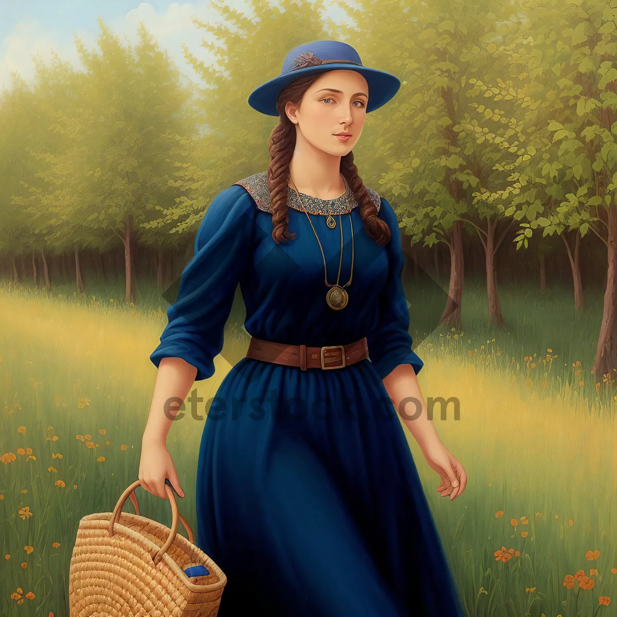 Picture of Smiling Lady with Croquet Mallet in Fashionable Outdoor Dress